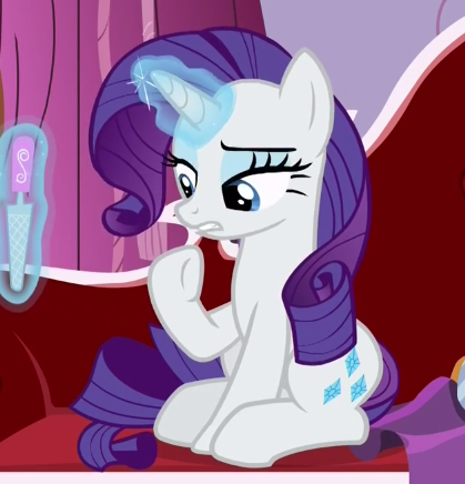 Size: 419x436 | Tagged: safe, derpibooru import, screencap, rarity, pony, unicorn, ppov, cropped, fainting couch, female, lidded eyes, magic, magic aura, mare, nail file, raised hoof, sitting, solo, telekinesis