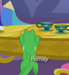 Size: 298x323 | Tagged: animated, climbing, cute, derpibooru import, discovery family logo, gif, gummy, gummybetes, ppov, prehensile tail, safe, screencap, solo, table, teacup