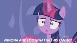 Size: 1920x1080 | Tagged: suggestive, derpibooru import, edit, edited screencap, screencap, twilight sparkle, twilight sparkle (alicorn), alicorn, pony, ppov, discovery family logo, image macro, implied bestiality, magic, meme, solo, what did i just read, wide eyes