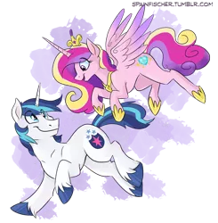 Size: 978x1000 | Tagged: artist:spainfischer, derpibooru import, female, flying, husband and wife, looking at each other, male, married couple, princess cadance, running, safe, shining armor, shiningcadance, shipping, simple background, smiling, straight, transparent background