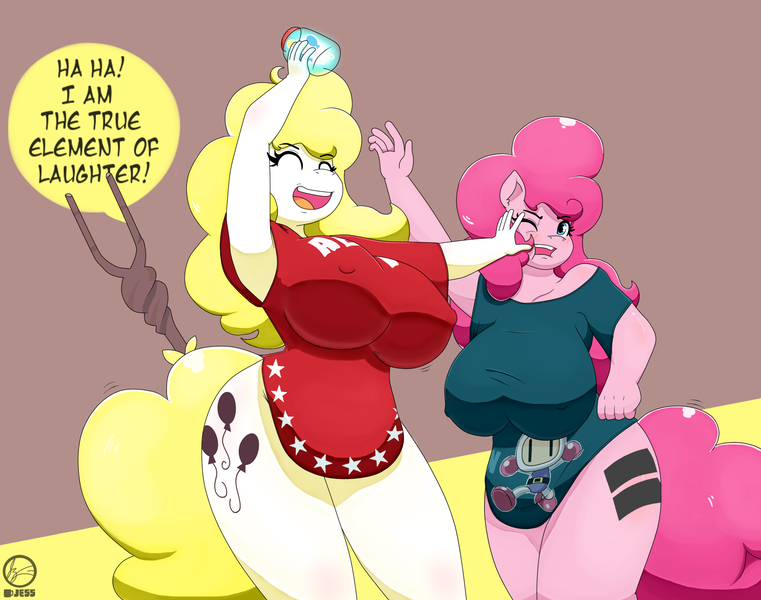 Size: 1800x1420 | Tagged: anthro, artist:jessesmash32, big breasts, bomberman, bottomless, breasts, busty pinkie pie, busty surprise, clothes, derpibooru import, equal cutie mark, erect nipples, female, huge breasts, nipple outline, pinkie pie, questionable, staff, staff of sameness, surprise