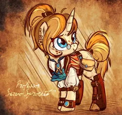 Size: 1199x1127 | Tagged: safe, artist:jadedjynx, derpibooru import, oc, oc:servo sprocket, unofficial characters only, pony, unicorn, blank flank, boots, clothes, cute, ear piercing, earring, freckles, glasses, hair bun, jewelry, piercing, saddle bag, shirt, solo, steampunk, tail wrap, watch