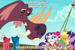 Size: 734x491 | Tagged: safe, derpibooru import, edit, edited screencap, screencap, applejack, pinkie pie, rarity, spike, twilight sparkle, twilight sparkle (alicorn), alicorn, pony, tri-horned bunyip, ppov, caption, image macro, lifejacket, text, yip yips