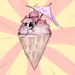 Size: 1024x1024 | Tagged: safe, artist:katemaximova, derpibooru import, oc, oc:fluffle puff, unofficial characters only, pony, abstract background, cherry, food, ice cream, ice cream cone, smiling, solo, sunburst background, umbrella