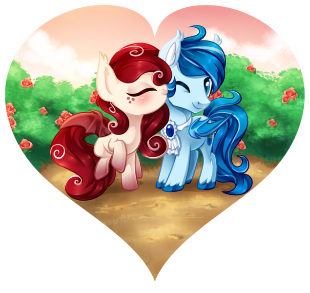 Size: 1024x968 | Tagged: safe, artist:xnighteddashx, derpibooru import, oc, oc:cherri crimzon, oc:sapphyre gin, unofficial characters only, bat pony, pony, blushing, couple, cute, female, heart, husband and wife, male, married couple, nuzzling, oc x oc, shipping, straight