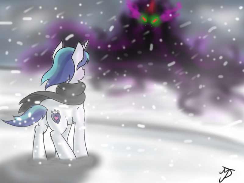 Size: 1024x768 | Tagged: artist:takutanuvataio, clothes, cloud, derpibooru import, glowing eyes, king sombra, safe, scarf, shining armor, signature, snow, snowfall, the crystal empire, umbrum