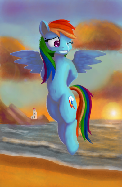 Size: 1030x1572 | Tagged: artist:ninjaohdio, beach, belly button, derpibooru import, flying, grin, lighthouse, one eye closed, rainbow dash, safe, smiling, solo, sunset, wink