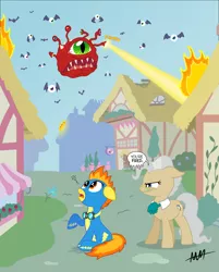 Size: 5100x6338 | Tagged: absurd resolution, artist:drewdini, beholder, clothes, crossover, derpibooru import, dungeons and dragons, fire, glasses, green eyes, invasion, mayor mare, monster, open mouth, ponyville, safe, signature, spitfire, wonderbolts uniform