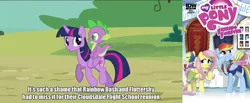 Size: 1316x540 | Tagged: safe, derpibooru import, edit, edited screencap, idw, screencap, fluttershy, rainbow dash, spike, twilight sparkle, twilight sparkle (alicorn), alicorn, dragon, pony, ppov, caption, cover, dragons riding ponies, female, image macro, male, mare, riding, text