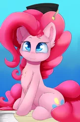 Size: 3000x4600 | Tagged: safe, artist:madacon, derpibooru import, pinkie pie, earth pony, pony, :3, absurd resolution, atg 2016, chest fluff, colored pupils, cute, diapinkes, ear fluff, female, fluffy, graduation, graduation cap, hat, hoof fluff, leg fluff, mare, newbie artist training grounds, sitting, smiling, solo, wavy mouth