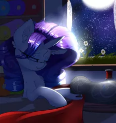 Size: 3000x3200 | Tagged: artist:madacon, atg 2016, chest fluff, derpibooru import, moonlight, newbie artist training grounds, night sky, rarity, safe, sewing, sewing machine, solo, stars