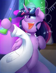 Size: 3000x3900 | Tagged: safe, artist:madacon, derpibooru import, twilight sparkle, twilight sparkle (alicorn), alicorn, pony, atg 2016, chalkboard, chest fluff, clothes, erlenmeyer flask, flask, happy, lab coat, laboratory, liquid, newbie artist training grounds, open mouth, science, solo, that pony sure does love science