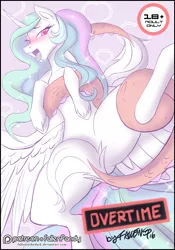 Size: 900x1288 | Tagged: suggestive, artist:falleninthedark, derpibooru import, discord, princess celestia, pony, ahegao, blushing, dislestia, drool, heart, heart eyes, looking at you, male, open mouth, patreon, patreon logo, shipping, straight, strategically covered, tail censor, tongue out, wat, wingding eyes