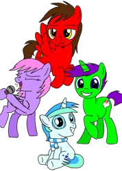 Size: 720x1009 | Tagged: safe, artist:toyminator900, derpibooru import, oc, oc:chip, oc:clever clop, oc:cyan lightning, oc:melody notes, unofficial characters only, pegasus, pony, unicorn, microphone