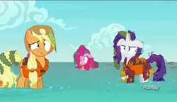 Size: 1280x738 | Tagged: safe, derpibooru import, screencap, applejack, pinkie pie, rarity, pony, ppov, discovery family logo, floppy ears, seaweed, spoiler, wet, wet mane