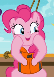 Size: 310x441 | Tagged: safe, derpibooru import, screencap, applejack, pinkie pie, rarity, earth pony, pony, ppov, animated, cute, derp, diapinkes, female, gif, lifejacket, mare, open mouth, ponk, silly, silly pony, solo focus, squishy cheeks