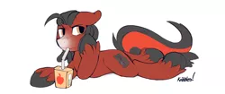 Size: 3510x1468 | Tagged: angry, apple juice, artist:kribbles, colored sketch, derpibooru import, disgruntled, drinking, hoof on cheek, juice, looking at you, lying down, oc, oc:florid, red and black oc, safe, solo, straw, unofficial characters only