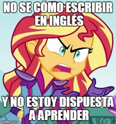 Size: 365x390 | Tagged: safe, derpibooru import, sunset shimmer, equestria girls, friendship games, exploitable meme, image macro, meme, spanish, sunset is not willing to learn