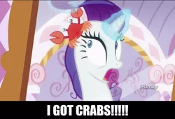 Size: 1280x870 | Tagged: safe, derpibooru import, edit, edited screencap, screencap, rarity, crab, giant crab, pony, unicorn, ppov, bad pun, caption, crab fighting a giant rarity, discovery family logo, female, image macro, impact font, mare, meme, pun, rarity fighting a giant crab, role reversal, skuttles the crab, solo, text