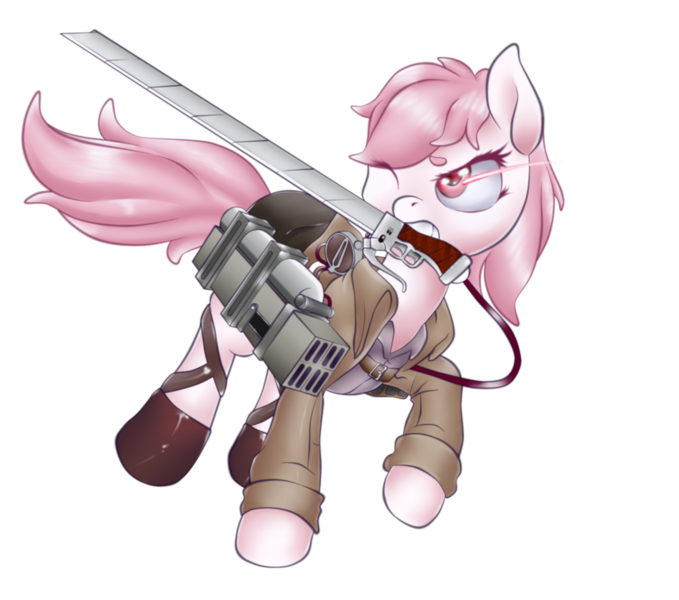 Size: 950x840 | Tagged: 3dmg, artist:mandy_the_pantie_pone, attack on titan, clothes, crossover, derpibooru import, jacket, oc, oc:mandy panties, pink, safe, solo, sword, unofficial characters only, weapon