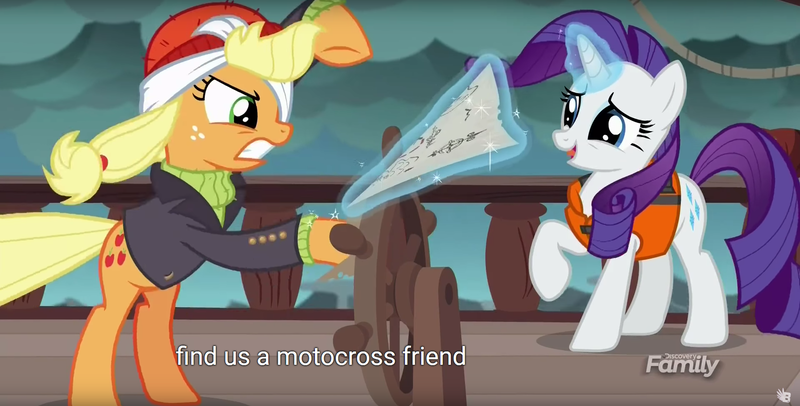 Size: 1920x975 | Tagged: safe, derpibooru import, screencap, applejack, rarity, pony, ppov, captain jackbeard, lifejacket, magic, map, meme, motocross, youtube caption