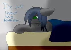 Size: 2818x2000 | Tagged: safe, artist:eclipsepenumbra, derpibooru import, oc, oc:eclipse penumbra, unofficial characters only, bat pony, pony, bags under eyes, bed, blanket, crying, depressed, green eyes, heartbreak, lying down, sad, solo