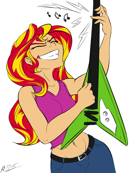 Size: 903x1200 | Tagged: safe, artist:drizziedoodles, derpibooru import, sunset shimmer, equestria girls, belly button, clothes, electric guitar, excited, eyes closed, flying v, grin, guitar, happy, human coloration, midriff, pants, playing, signature, smiling, solo, sunset shredder