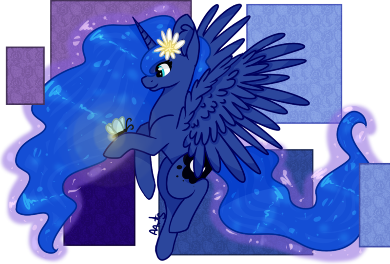 Size: 1023x693 | Tagged: safe, artist:ayoarts, derpibooru import, princess luna, alicorn, butterfly, pony, ear fluff, flower, flower in hair, flying, solo