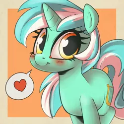 Size: 1000x1000 | Tagged: safe, artist:atane27, artist:kinkypinkie, derpibooru import, lyra heartstrings, pony, unicorn, :t, blushing, collaboration, cute, female, heart, heart eyes, lacrimal caruncle, looking at you, lyrabetes, mare, pictogram, smiling, solo, speech bubble, spoken heart, sweet dreams fuel, wingding eyes