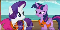 Size: 1920x975 | Tagged: suggestive, derpibooru import, edit, edited screencap, screencap, pinkie pie, rarity, twilight sparkle, twilight sparkle (alicorn), alicorn, pony, ppov, caption, faic, lifejacket, meme, vulgar, youtube caption