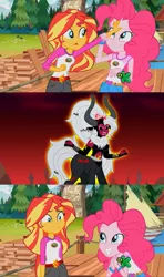 Size: 1366x2304 | Tagged: safe, derpibooru import, lord tirek, pinkie pie, sunset shimmer, equestria girls, legend of everfree, discovery kids, exploitable meme, lady tirek, meme, midriff, rule 63, sunset sees things, vector