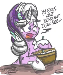 Size: 1488x1762 | Tagged: safe, artist:flutterthrash, derpibooru import, starlight glimmer, pony, unicorn, every little thing she does, 30 minute art challenge, black sabbath, cocaine, dialogue, drugs, female, flour, mare, open mouth, simple background, solo, song reference, white background