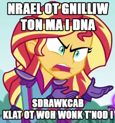 Size: 365x390 | Tagged: safe, derpibooru import, sunset shimmer, equestria girls, friendship games, backwards, exploitable meme, image macro, meme, op is a genius, subverted meme, sunset is not willing to learn