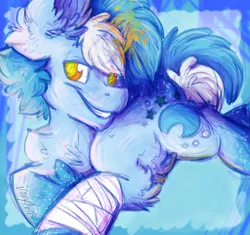 Size: 2086x1965 | Tagged: safe, artist:iroxykun, derpibooru import, oc, oc:firelight, unofficial characters only, ghost, pony, unicorn, bandage, cutie mark, horn, lying down, magic, male, mind control, solo, stallion, swirly eyes