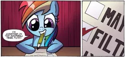 Size: 659x300 | Tagged: safe, artist:agnesgarbowska, derpibooru import, idw, rainbow dash, pony, spoiler:comic46, ballot, comic, cropped, female, mare, mouth hold, official comic, pencil, solo, speech bubble