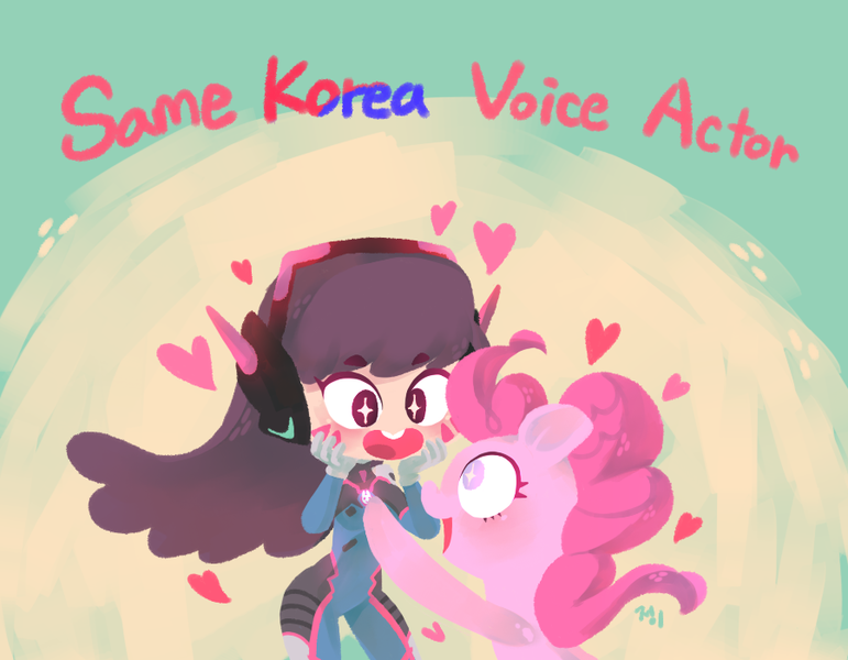 Size: 900x700 | Tagged: safe, artist:sitting-on-tear, derpibooru import, pinkie pie, blushing, crossover, d.va, exploitable meme, happy, heart, hyeon-ji kim, korea, korean, meme, overwatch, same voice actor, starry eyes, voice actor joke, wingding eyes