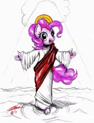 Size: 820x1073 | Tagged: anthro, artist:mrzash, christianity, context is for the weak, derpibooru import, halo, jesus christ, looking at you, pinkie pie, pinkie pie is god, pinkie pious, plantigrade anthro, religious headcanon, safe, sketch, solo, walking on water, what has science done