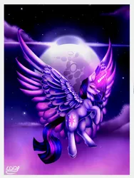 Size: 1024x1365 | Tagged: safe, artist:crazydragonqueen, derpibooru import, twilight sparkle, twilight sparkle (alicorn), alicorn, pony, eyes closed, flying, glowing horn, mare in the moon, moon, night, sky, solo, spread wings