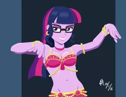 Size: 1024x795 | Tagged: suggestive, artist:mayorlight, derpibooru import, sci-twi, twilight sparkle, fanfic, fanfic:a sparkly surprise performance, equestria girls, armlet, bedroom eyes, belly button, belly dancer, belly dancer outfit, bra, bracelet, breasts, busty sci-twi, busty twilight sparkle, choker, clothes, digital art, ear piercing, earring, fanfic art, fanfic cover, female, fimfiction, glasses, harem outfit, jewelry, lipstick, midriff, piercing, solo, solo female, underwear
