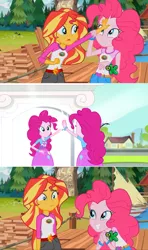 Size: 1366x2304 | Tagged: safe, derpibooru import, edit, edited screencap, screencap, pinkie pie, sunset shimmer, equestria girls, friendship games, legend of everfree, discovery kids, exploitable meme, friendship games bloopers, meme, self paradox, sunset sees things