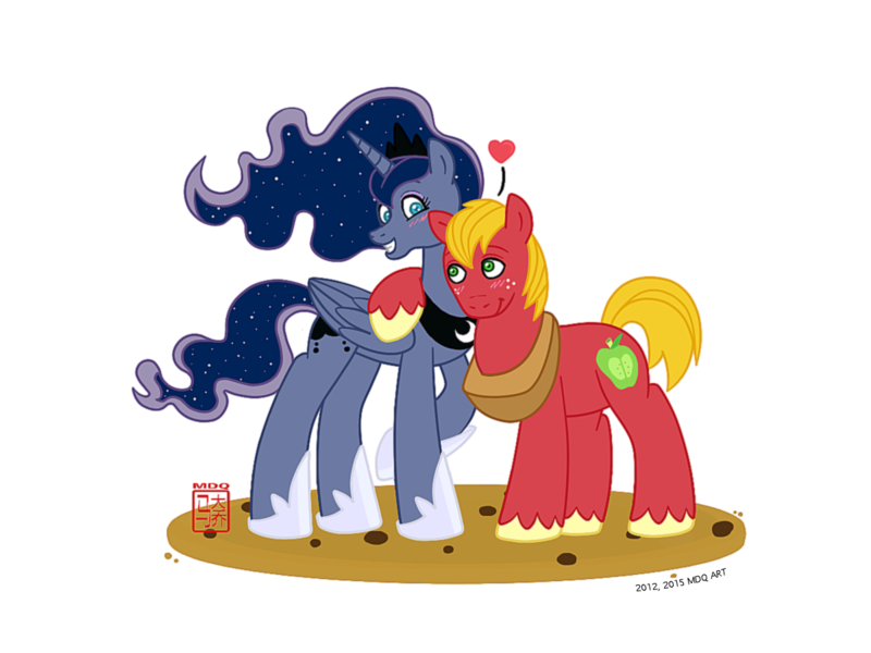 Size: 1200x900 | Tagged: safe, artist:m2cool, derpibooru import, big macintosh, princess luna, alicorn, earth pony, pony, blushing, female, heart, hug, lunamac, male, mare, shipping, simple background, stallion, straight