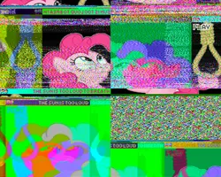 Size: 640x512 | Tagged: artist:wheredamaresat, derpibooru import, error, experiment, glitch, grimdark, implied hanging, implying, interference, noose, pinkie pie, radio, rope, sstv