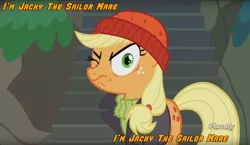 Size: 1610x933 | Tagged: safe, derpibooru import, screencap, applejack, pony, ppov, captain jackbeard, discovery family logo, looking at you, popeye, solo