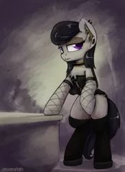 Size: 1280x1762 | Tagged: suggestive, artist:blvckmagic, derpibooru import, octavia melody, pony, bipedal, bipedal leaning, chest fluff, clothes, corset, ear fluff, female, fishnets, gothtavia, piercing, socks, solo, solo female, stockings, thigh highs