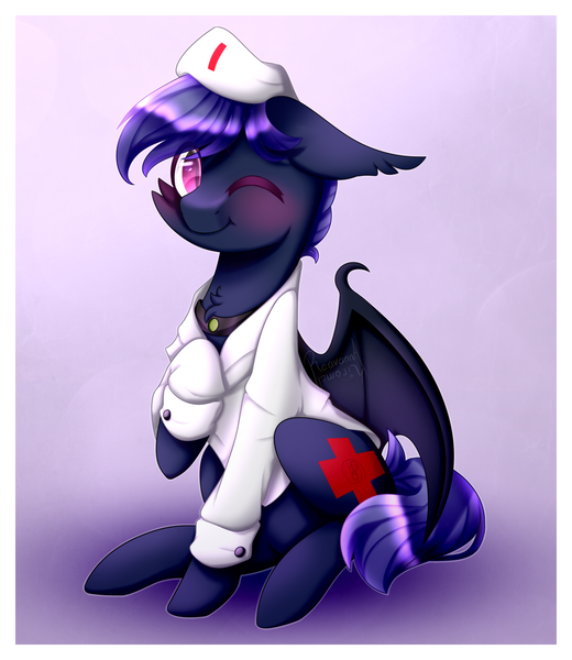 Size: 1280x1477 | Tagged: safe, artist:reavanna, derpibooru import, oc, oc:shaddie quindecim, unofficial characters only, bat pony, pony, blushing, cute, nurse, one eye closed, sitting, solo, wink