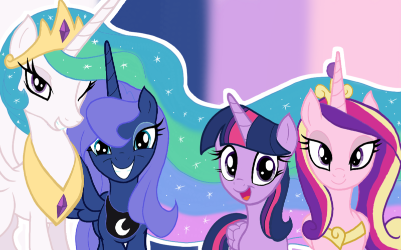 Size: 1280x800 | Tagged: safe, artist:ggalleonalliance, artist:theroyalprincesses, derpibooru import, princess cadance, princess celestia, princess luna, twilight sparkle, twilight sparkle (alicorn), alicorn, pony, alicorn tetrarchy, collaboration, grin, looking at you, one eye closed, s1 luna, smiling, spread wings, wallpaper, wink