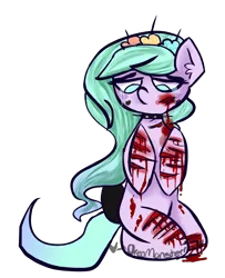 Size: 872x1072 | Tagged: anatomically incorrect, artist:oreomonsterr, blood, crying, derpibooru import, goretober, grimdark, incorrect leg anatomy, oc, oc:pastel flower, self harm, solo, unofficial characters only
