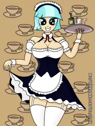 Size: 1550x2051 | Tagged: artist:aj0joe, breasts, busty coco pommel, clothes, coco pommel, derpibooru import, female, garter belt, grin, human, humanized, looking at you, maid, smiling, socks, solo, solo female, suggestive, teacup, thigh highs, tray, wine bottle, wine glass, zettai ryouiki