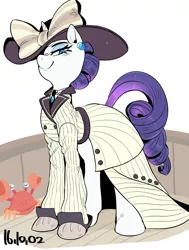 Size: 949x1253 | Tagged: safe, artist:nekubi, derpibooru import, rarity, crab, pony, unicorn, ppov, boat, classy, clothes, dress, element of class, female, hat, looking at you, mare, raristocrat, rose dewitt bukater, skuttles the crab, titanic