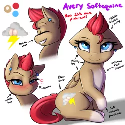 Size: 2400x2400 | Tagged: suggestive, artist:captainpudgemuffin, derpibooru import, oc, oc:avery softequine, unofficial characters only, pegasus, pony, blushing, ear piercing, earring, female, jewelry, looking at you, piercing, reference sheet, solo, solo female